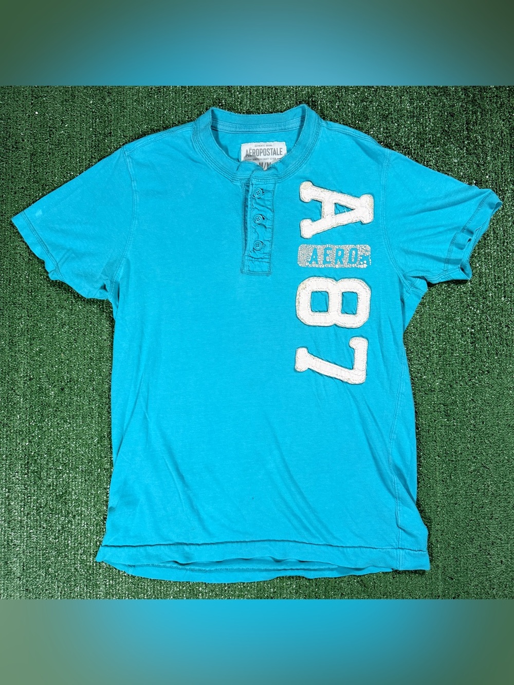 Y2K Aeropostale Nineteen Eighty Seven Blue Henley Shirt Size Medium